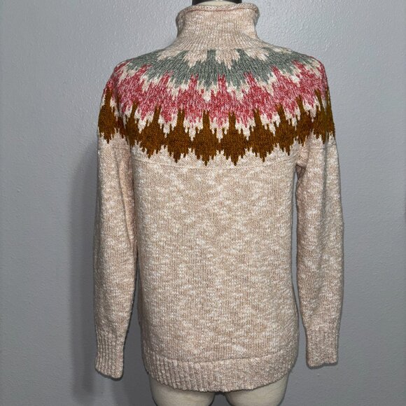 L.L.Bean Fair Isle Turtleneck Sweater Petite S Cotton Nordic Winter Cream Knit - Picture 4 of 10
